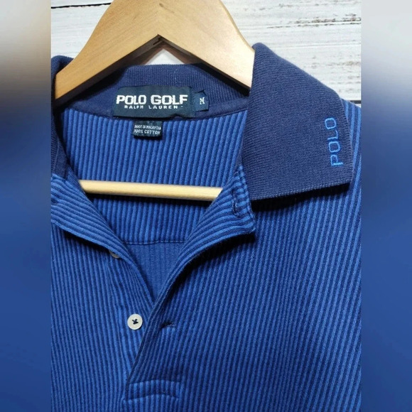 Polo Ralph Lauren Golf Polo in Blue Ribbed size Medium 90's Vintage Split Hem‎ - Picture 2 of 6